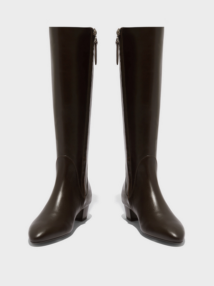 Aeyde | Yana Knee-High Boots Leather Knee High Boots for Women | Moka Calf | Round Toe | Low Heel | Front View