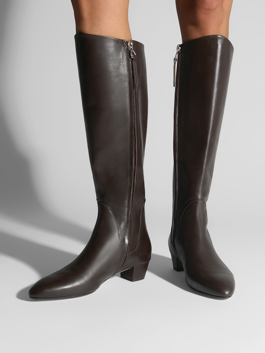 Aeyde | Yana Knee-High Boots Leather Knee High Boots for Women | Moka Calf | Round Toe | Low Heel | On Feet