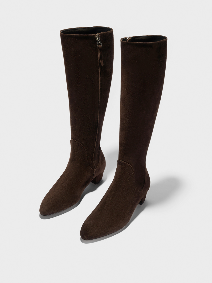 Aeyde | Yana Knee-High Boots Leather Knee High Boots for Women | Moka Suede | Round Toe | Low Heel | Luxury Materials | Handmade in Italy