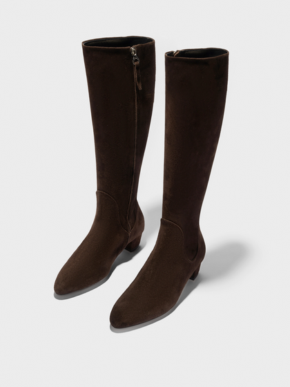 Aeyde | Yana Knee-High Boots Leather Knee High Boots for Women | Moka Suede | Round Toe | Low Heel | Luxury Materials | Handmade in Italy