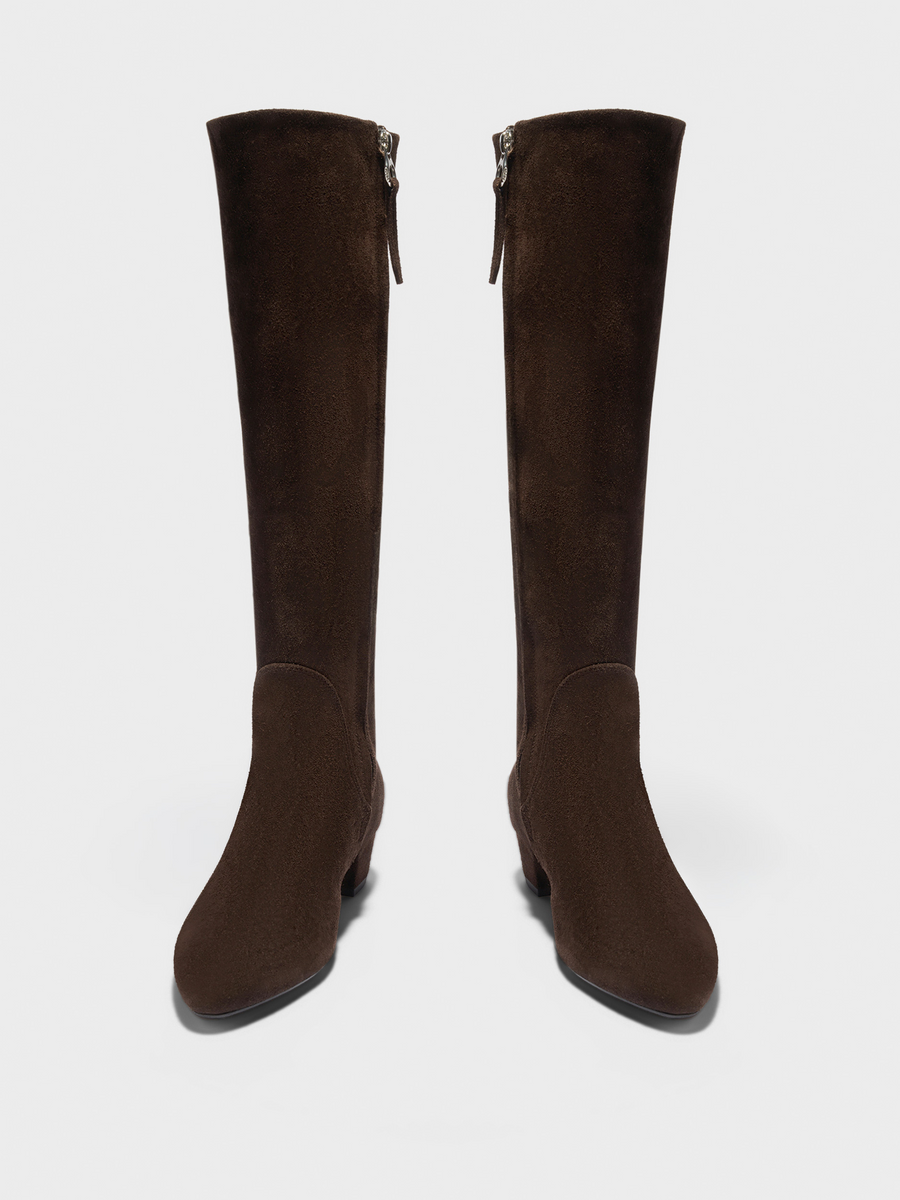 Aeyde | Yana Knee-High Boots Leather Knee High Boots for Women | Moka Suede | Round Toe | Low Heel | Front View