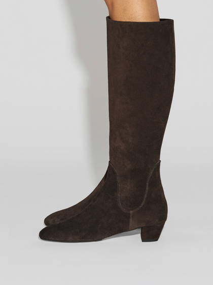 Aeyde | Yana Knee-High Boots Leather Knee High Boots for Women | Moka Suede | Round Toe | Low Heel | How to Style