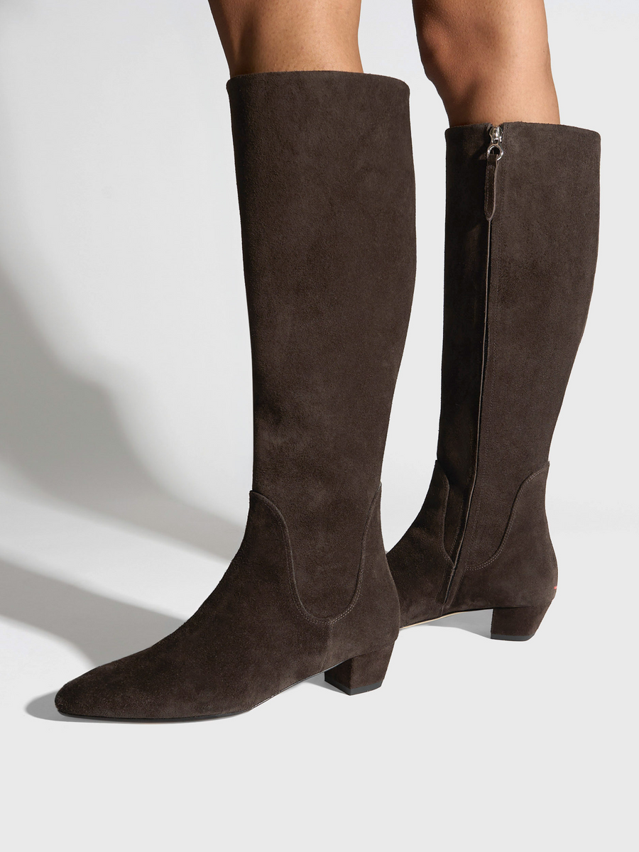 Aeyde | Yana Knee-High Boots Leather Knee High Boots for Women | Moka Suede | Round Toe | Low Heel | On Feet