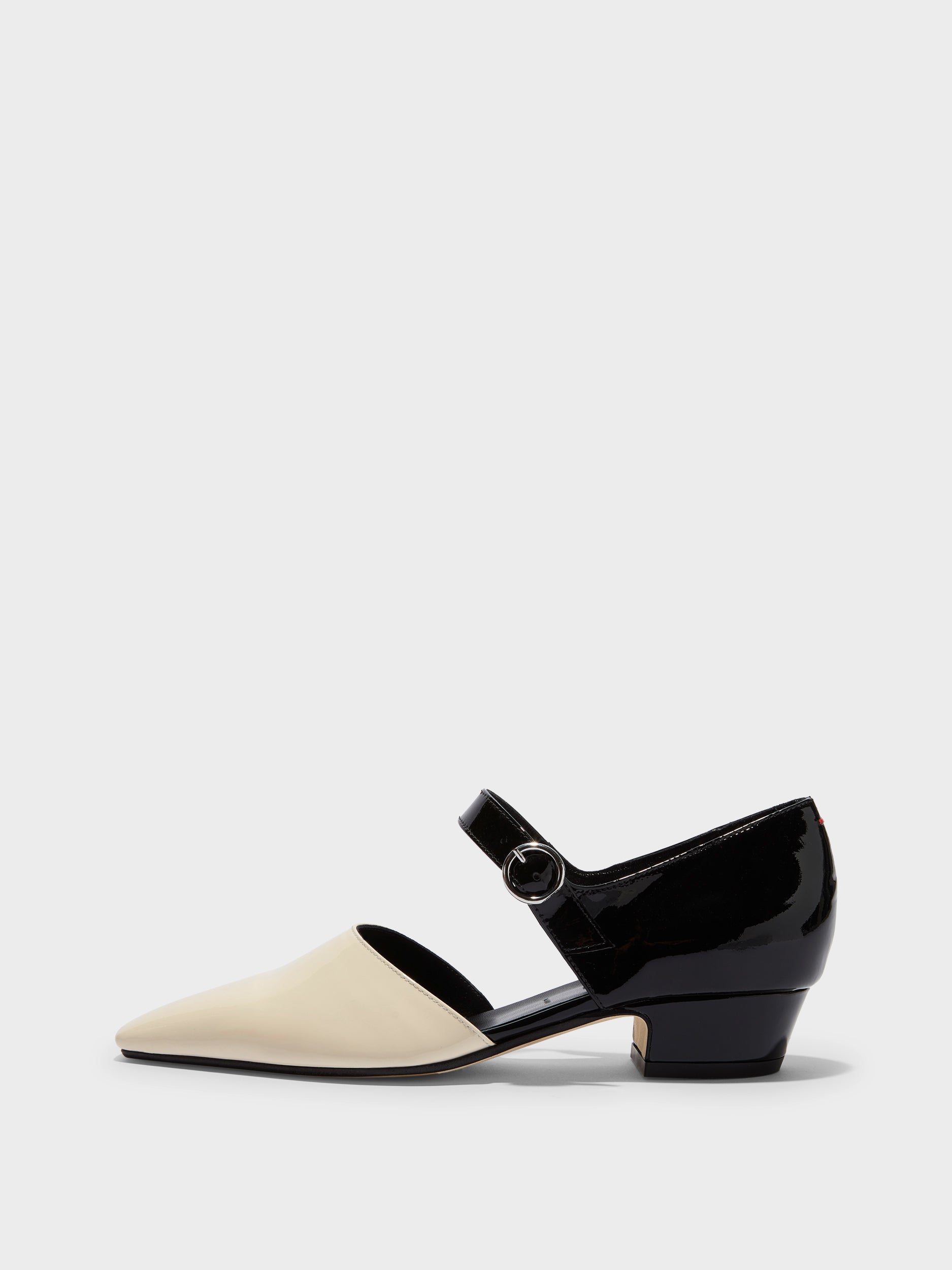 Aeyde | Yara Leather Pumps for Women | Black/Creamy Patent | Square Toe | Mid Heel | Side View