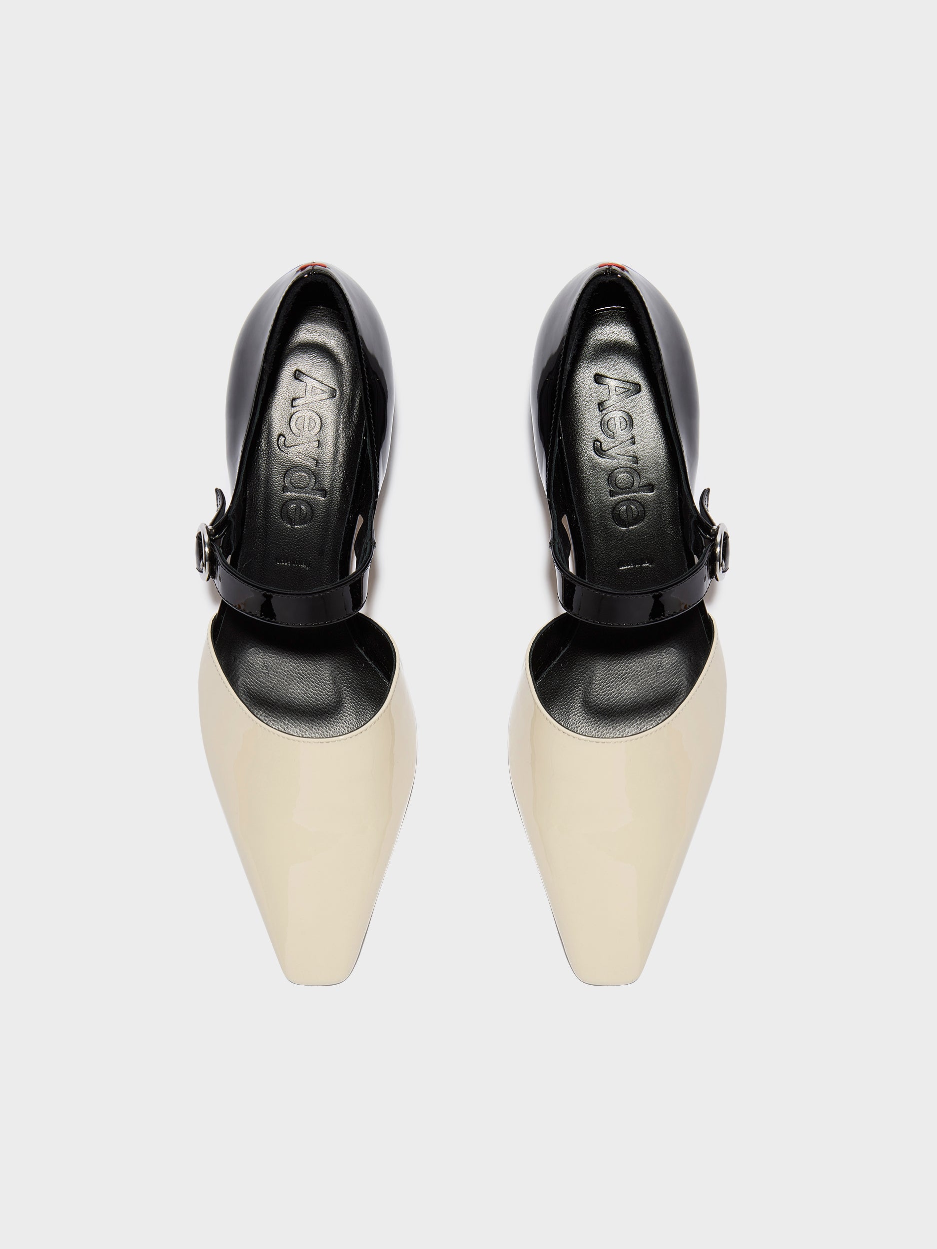 Aeyde | Yara Leather Pumps for Women | Black/Creamy Patent | Square Toe | Mid Heel | Front View