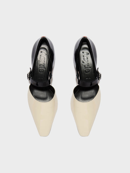 Aeyde | Yara Leather Pumps for Women | Black/Creamy Patent | Square Toe | Mid Heel | Front View