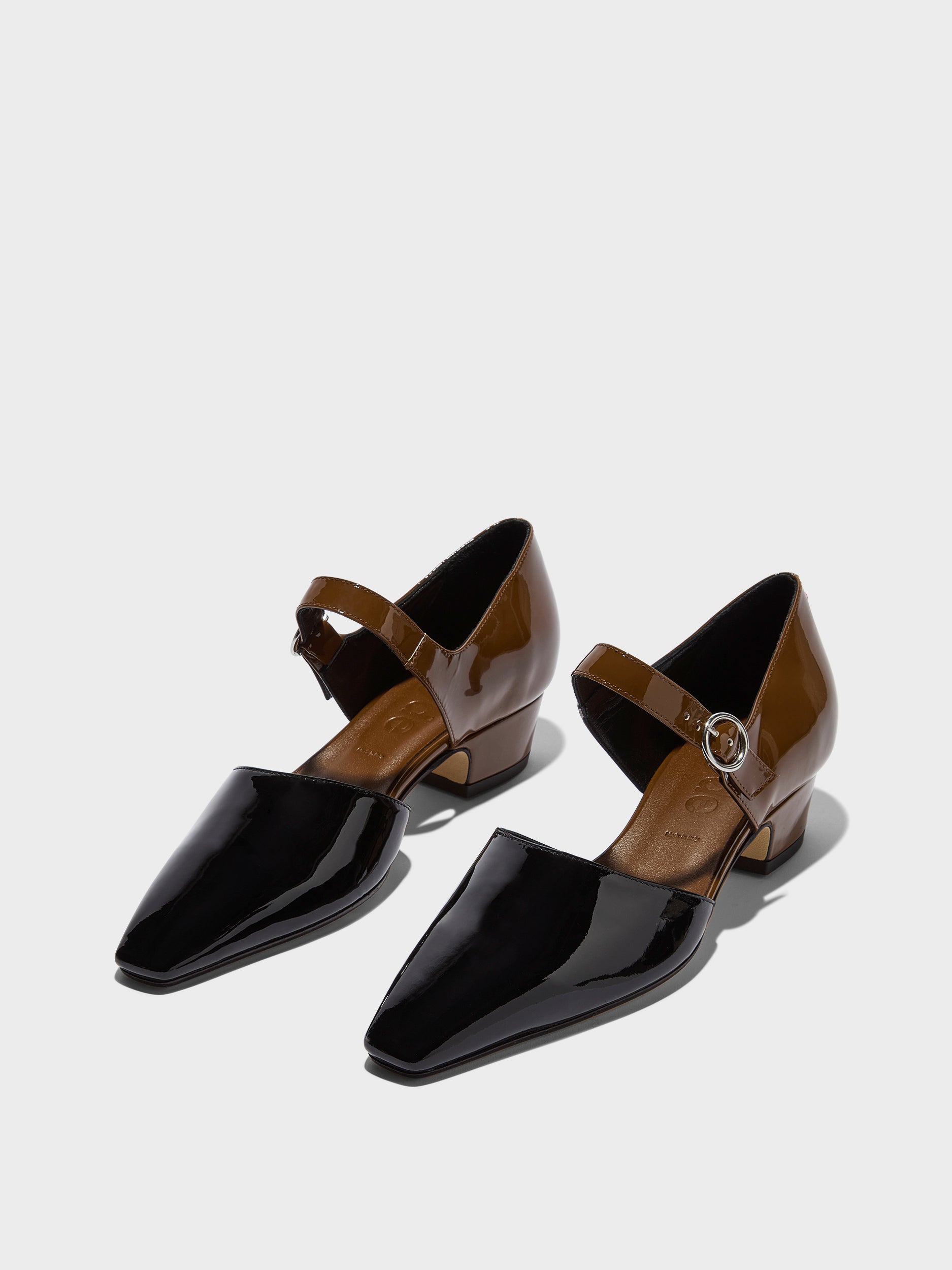 Aeyde | Yara Leather Pumps for Women | Tobacco/Black Patent | Square Toe | Mid Heel | Luxury Materials | Handmade in Italy