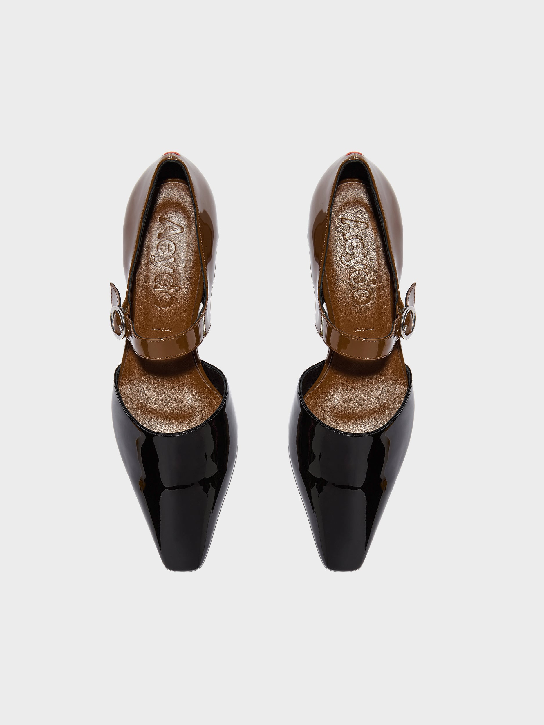 Aeyde | Yara Leather Pumps for Women | Tobacco/Black Patent | Square Toe | Mid Heel | Front View