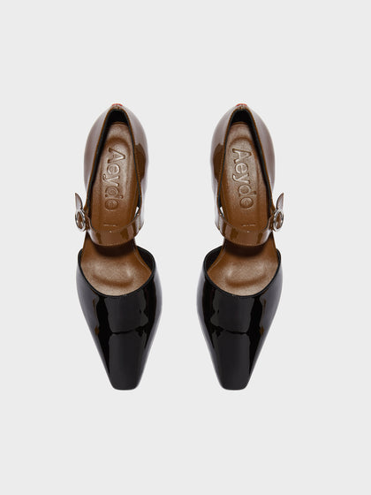 Aeyde | Yara Leather Pumps for Women | Tobacco/Black Patent | Square Toe | Mid Heel | Front View