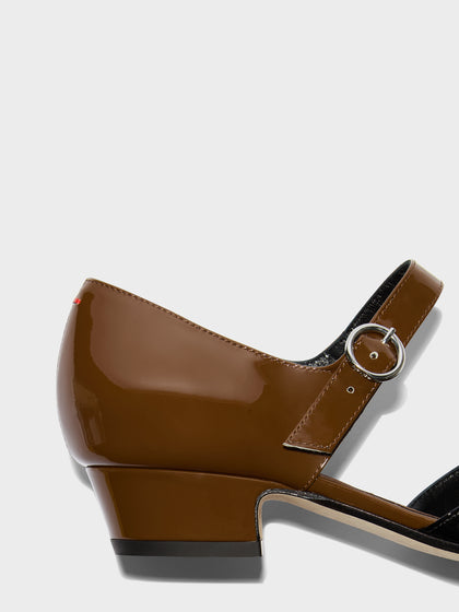 Aeyde | Yara Leather Pumps for Women | Tobacco/Black Patent | Square Toe | Mid Heel | Heel Details