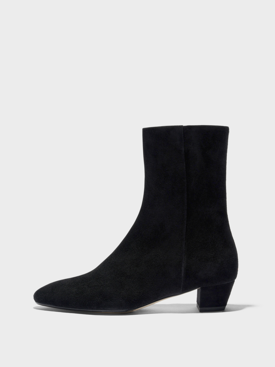 Aeyde | Yasmin Suede Ankle Boots Leather Ankle Boots for Women | Black Suede | Round Toe | Low Heel | Side View