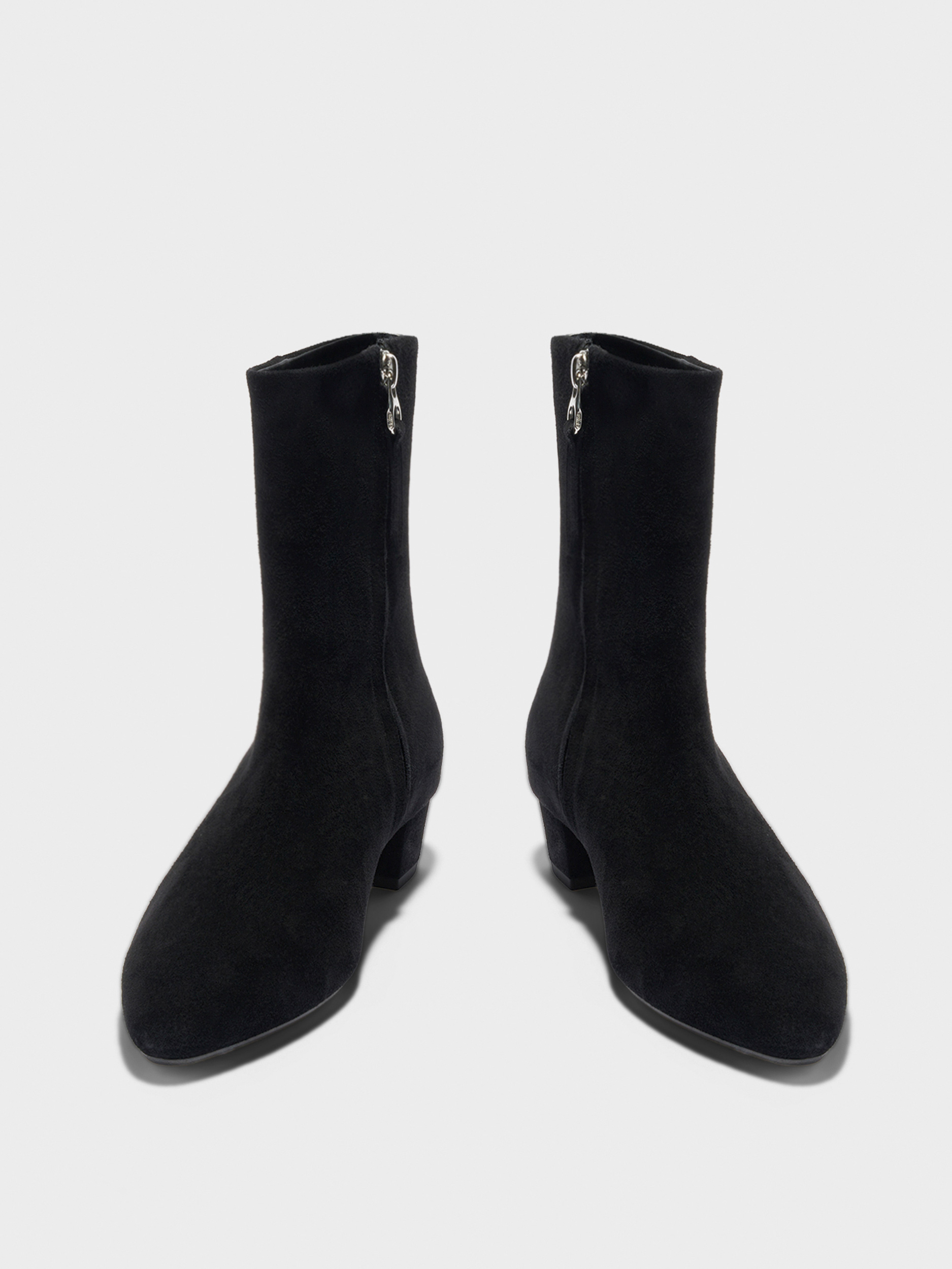 Aeyde | Yasmin Suede Ankle Boots Leather Ankle Boots for Women | Black Suede | Round Toe | Low Heel | Front View