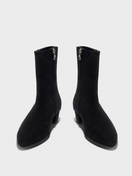 Aeyde | Yasmin Suede Ankle Boots Leather Ankle Boots for Women | Black Suede | Round Toe | Low Heel | Front View