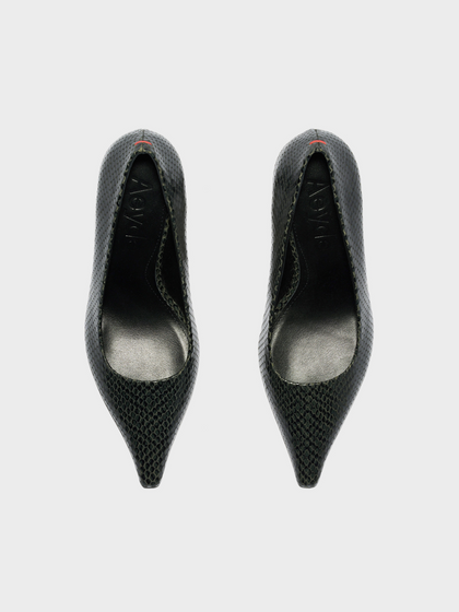 Aeyde | Zandra Chiseled Pumps Leather Pumps for Women | Moss Mini Snake | Pointed Toe | High Heel | Front View