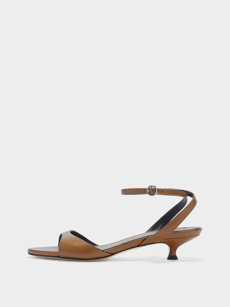 Aeyde | Zelia Leather Heeled Sandals for Women | Tobacco Nappa | Round Toe | Mid Heel | Side View