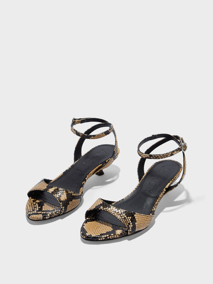 Aeyde | Zelia Leather Heeled Sandals for Women | Hazelnut Snake | Round Toe | Mid Heel | Luxury Materials | Handmade in Italy