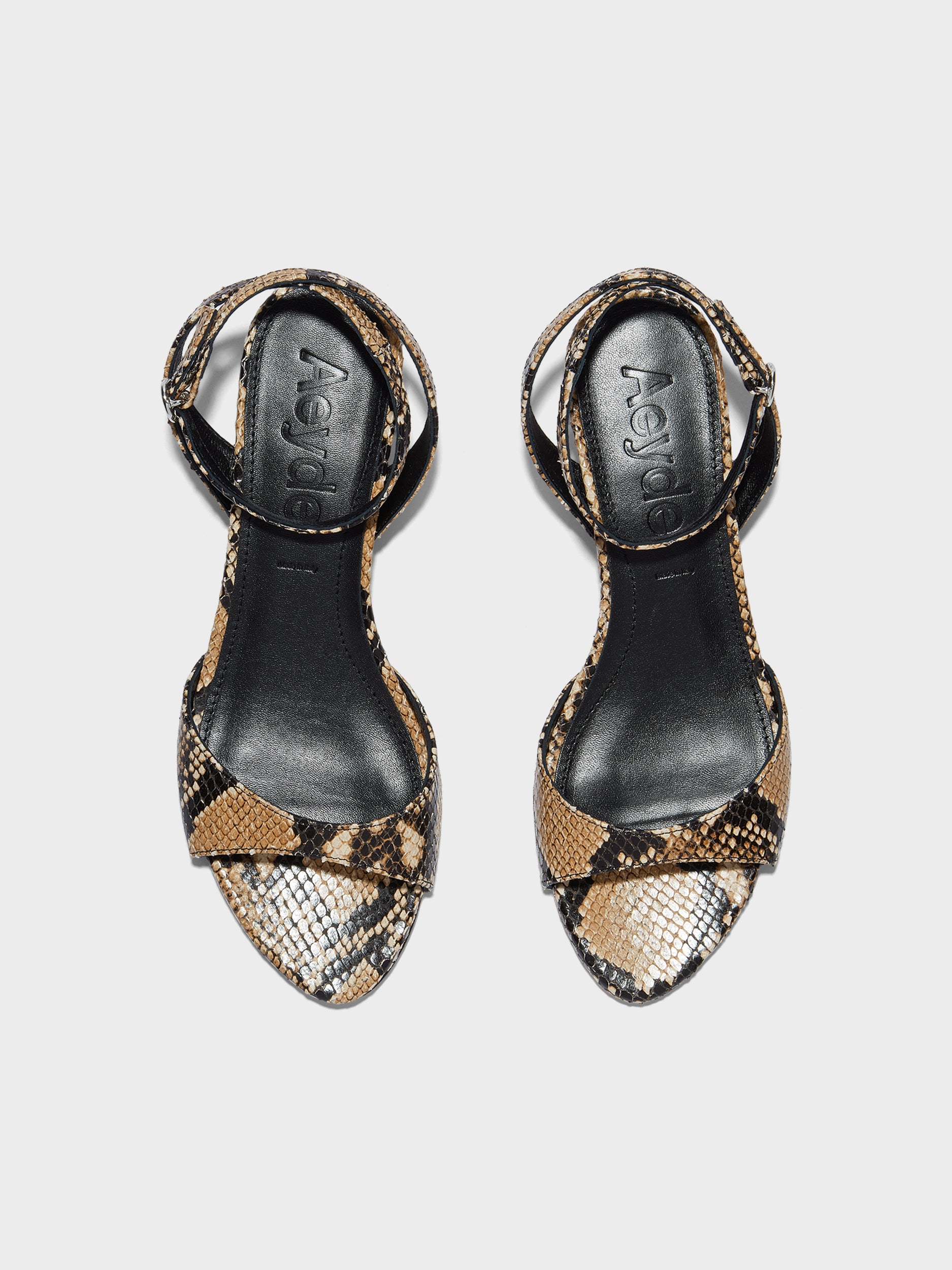 Aeyde | Zelia Leather Heeled Sandals for Women | Hazelnut Snake | Round Toe | Mid Heel | Front View