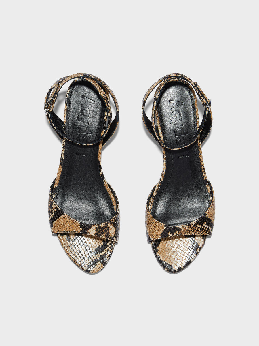 Aeyde | Zelia Leather Heeled Sandals for Women | Hazelnut Snake | Round Toe | Mid Heel | Front View