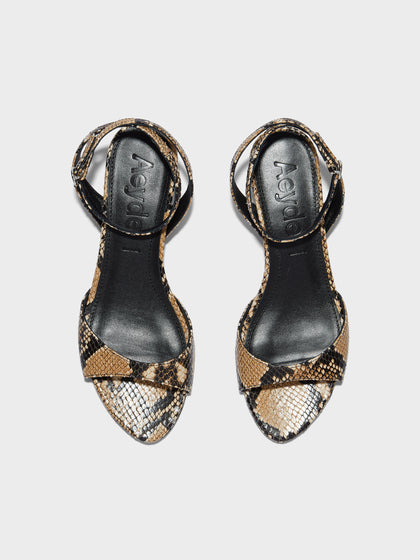 Aeyde | Zelia Leather Heeled Sandals for Women | Hazelnut Snake | Round Toe | Mid Heel | Front View