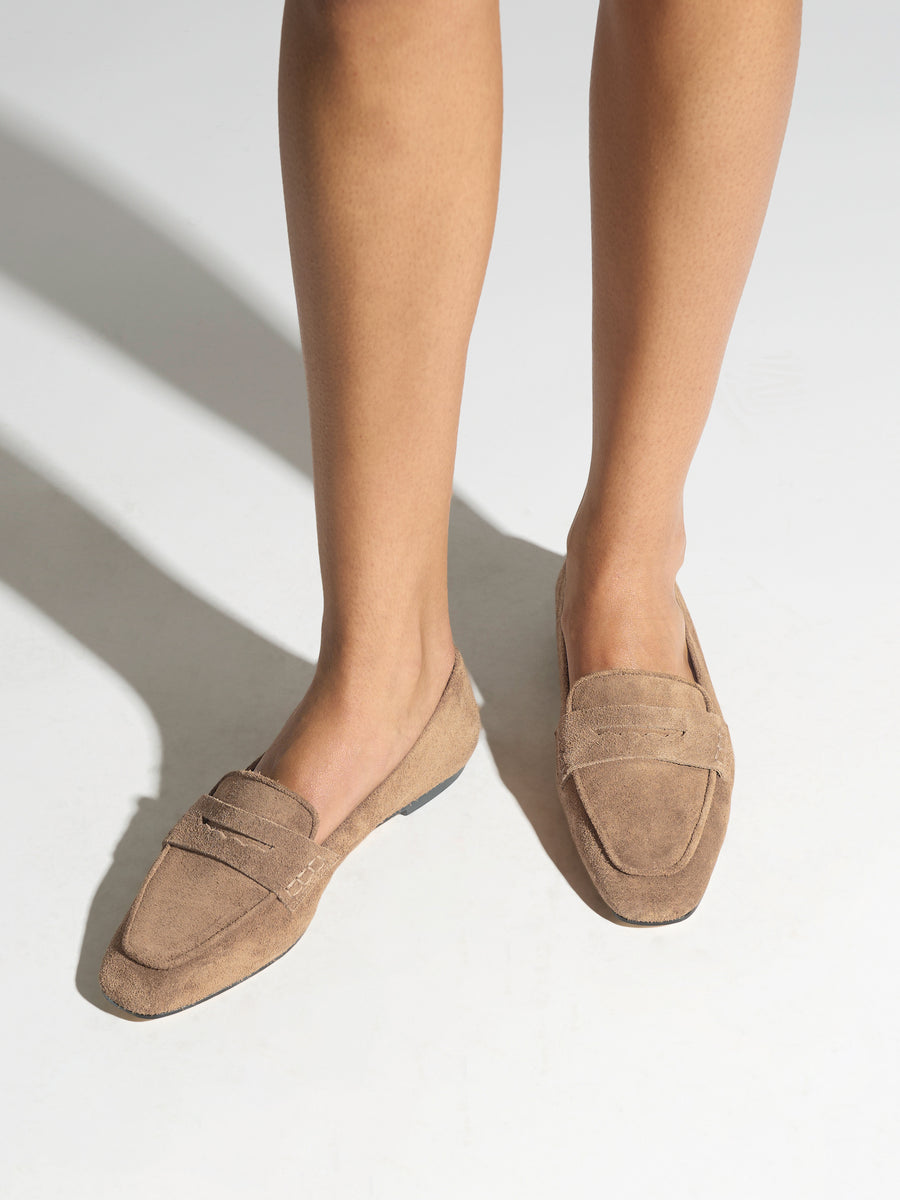 Aeyde | Alfie Leather Flats for Women | Sand Suede | Square Toe | Flat Heel | On Feet
