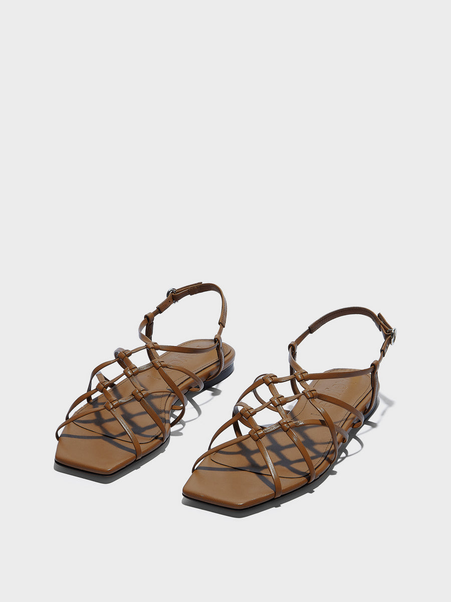 Aeyde | Anisa Leather Flat Sandals for Women | Tobacco Nappa | Square Toe | Flat Heel | Luxury Materials | Handmade in Italy
