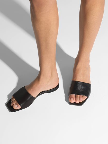 Aeyde | Anna Leather Flat Sandals for Women | Black Nappa | Square Toe | Flat Heel | On Feet