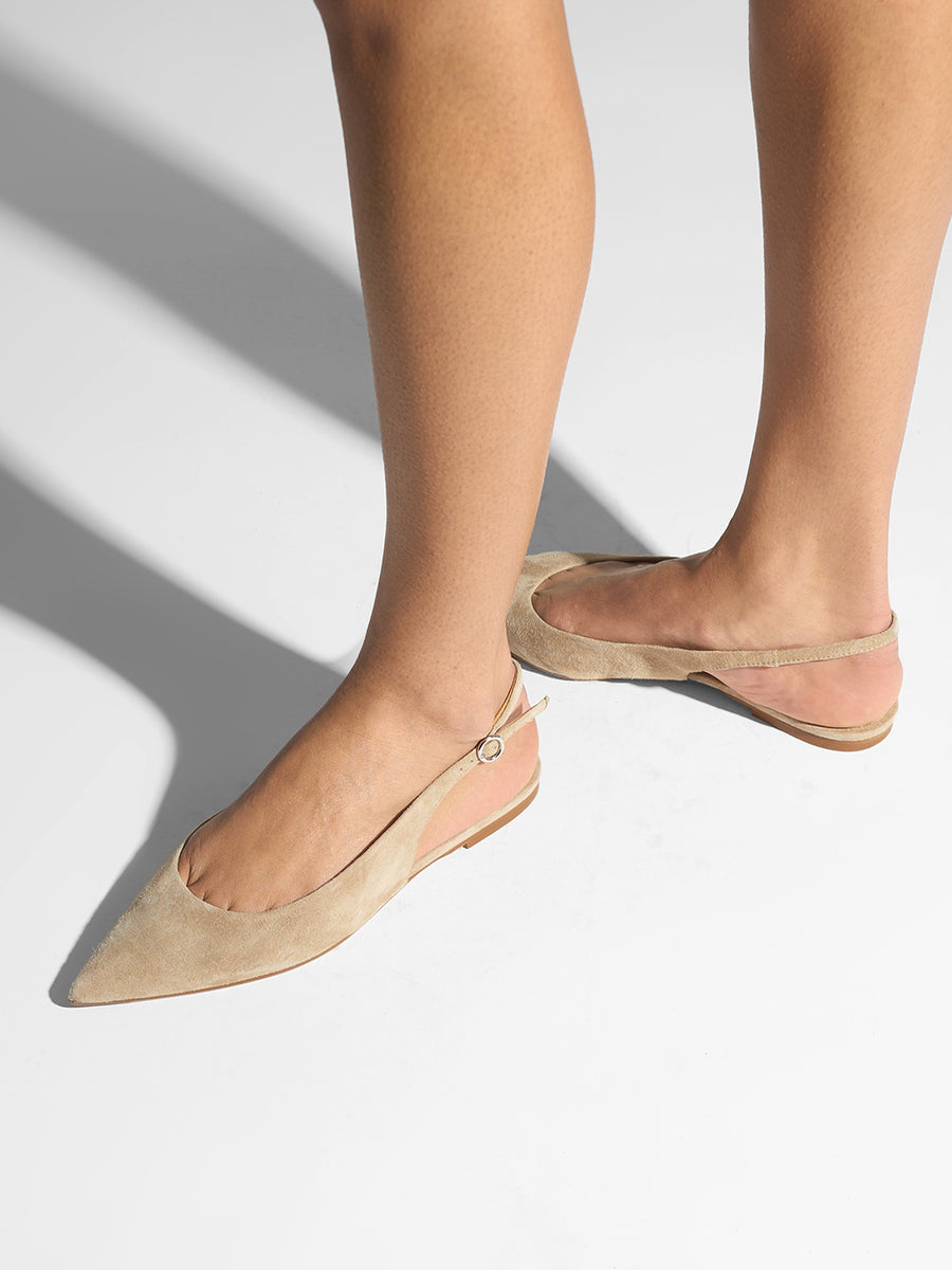 Aeyde | Annora Leather Flats for Women | Sand Suede | Pointed Toe | Flat Heel | On Feet