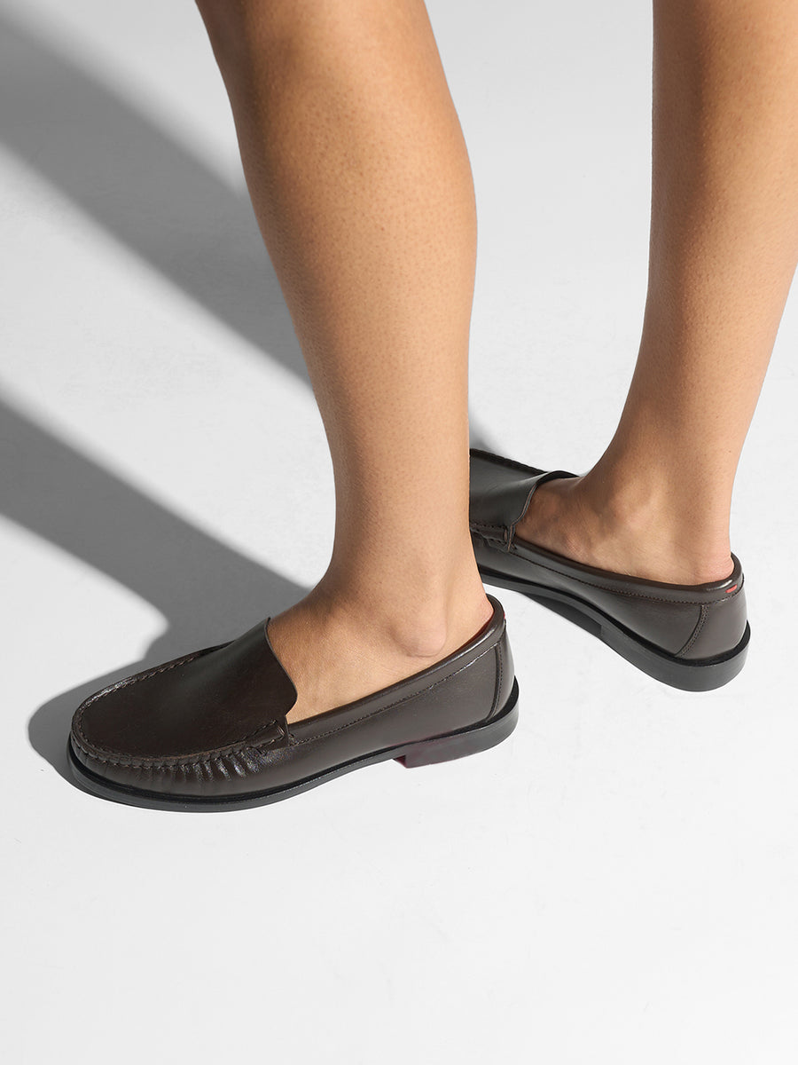 Aeyde | Arthur Leather Flats for Women | Moka Calf | Round Toe | Flat Heel | On Feet