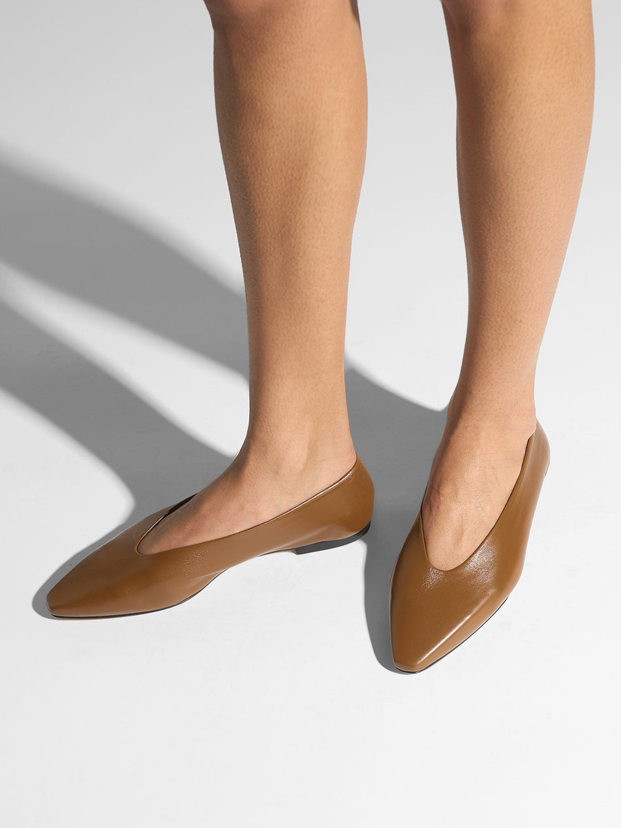 Aeyde | Betty Leather Flats for Women | Tobacco Nappa | Square Toe | Flat Heel | On Feet