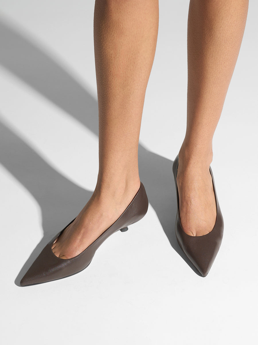 Aeyde | Cari Leather Pumps for Women | Moka Nappa | Pointed Toe | Mid Heel | On Feet