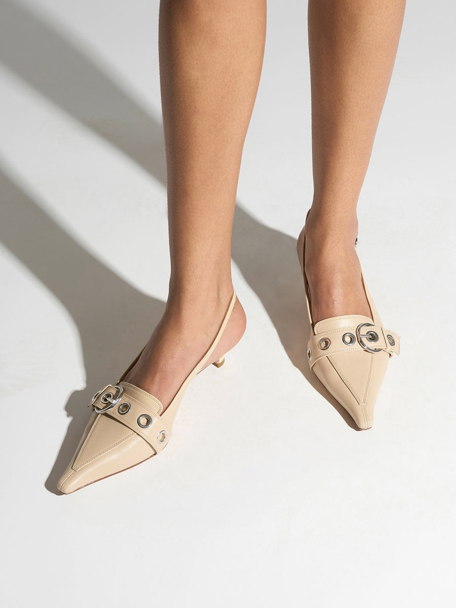 Aeyde | Davina Leather Pumps for Women | Sand Nappa | Pointed Toe | Mid Heel | On Feet