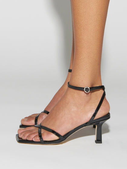 Aeyde | Edith Leather Heeled Sandals for Women | Black Patent | Square Toe | Mid Heel | How to Style