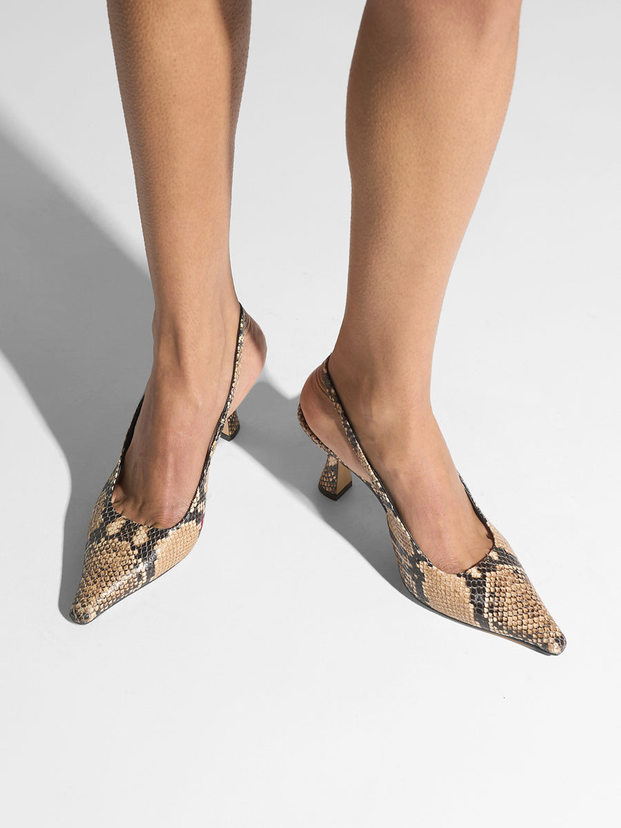 Aeyde | Fernanda Leather Pumps for Women | Hazelnut Snake | Pointed Toe | High Heel | On Feet