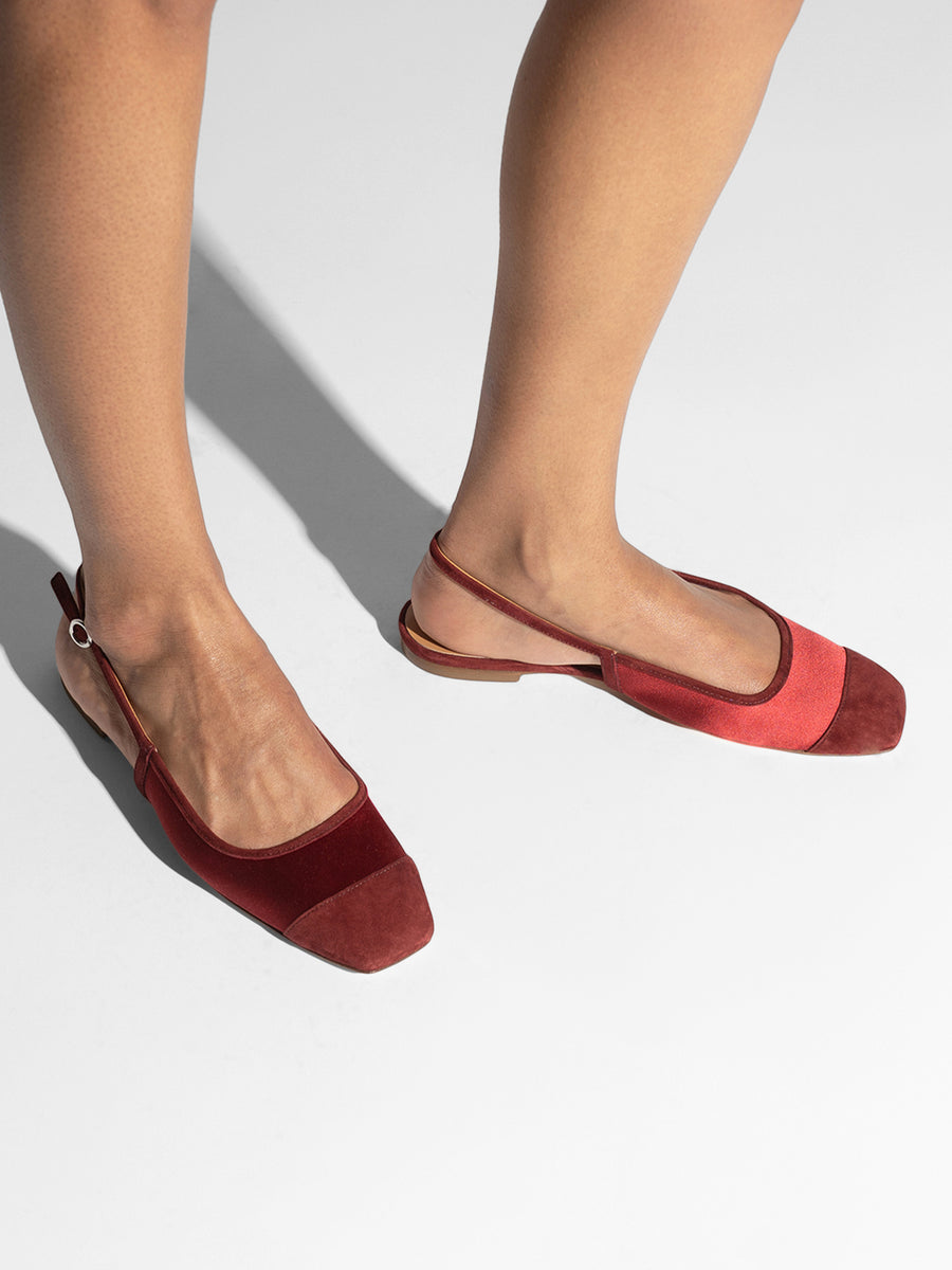 Aeyde | Geraldine Leather Flats for Women | Scarlet Satin/Suede | Square Toe | Flat Heel | On Feet