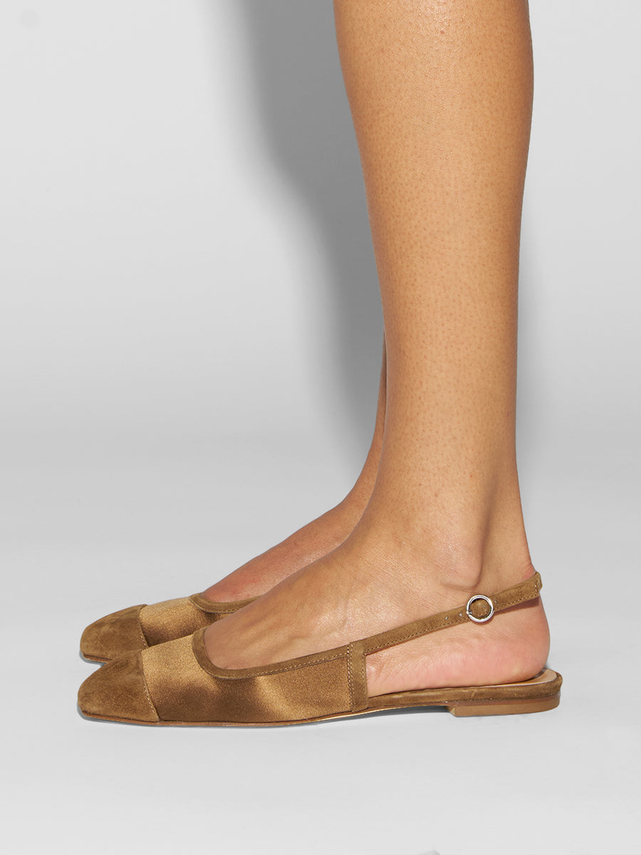 Aeyde | Geraldine Leather Flats for Women | Tobacco Satin/Suede | Square Toe | Flat Heel | How to Style