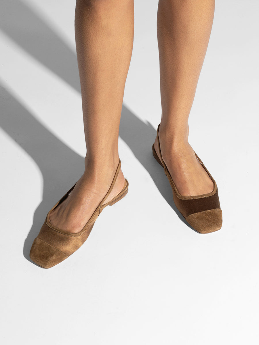 Aeyde | Geraldine Leather Flats for Women | Tobacco Satin/Suede | Square Toe | Flat Heel | On Feet