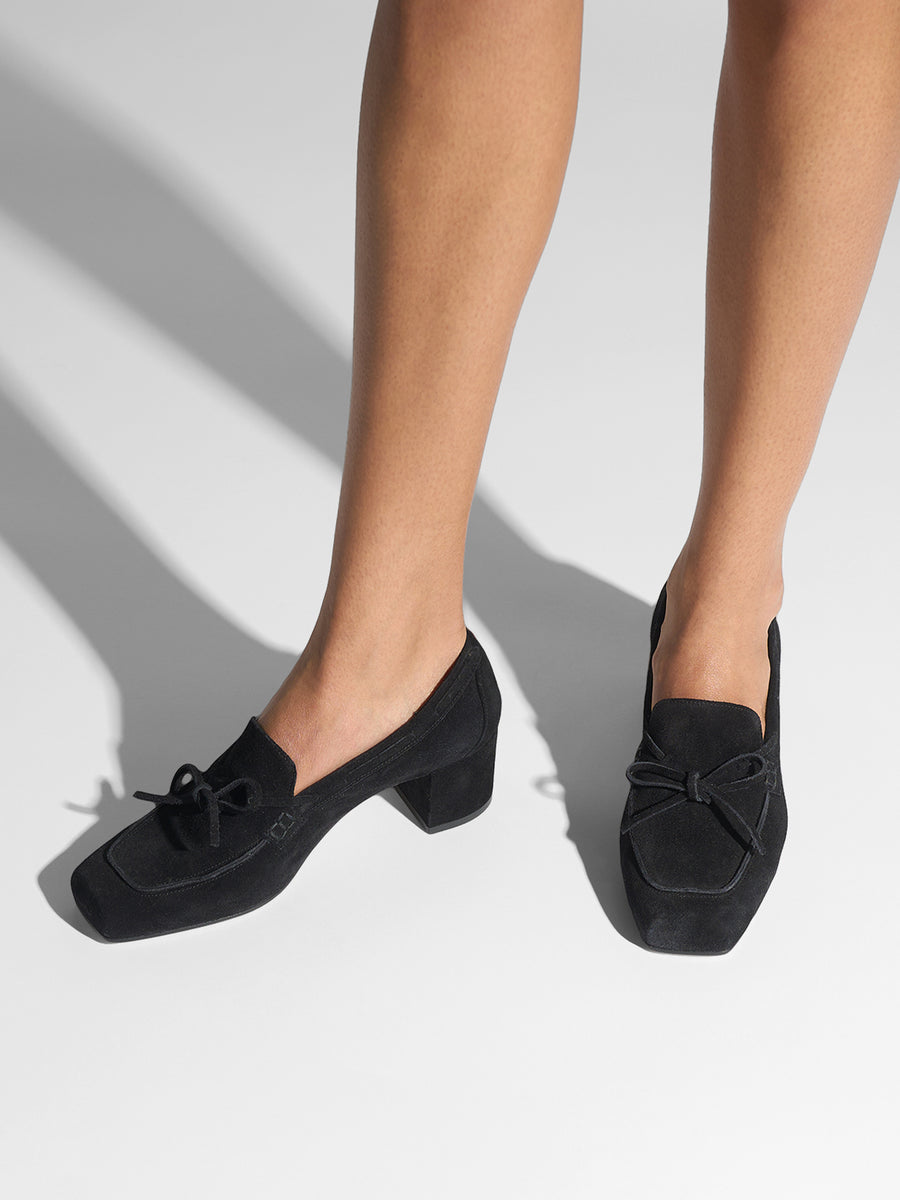 Aeyde | Grenn Leather Pumps for Women | Black Suede | Square Toe | Low Heel | On Feet
