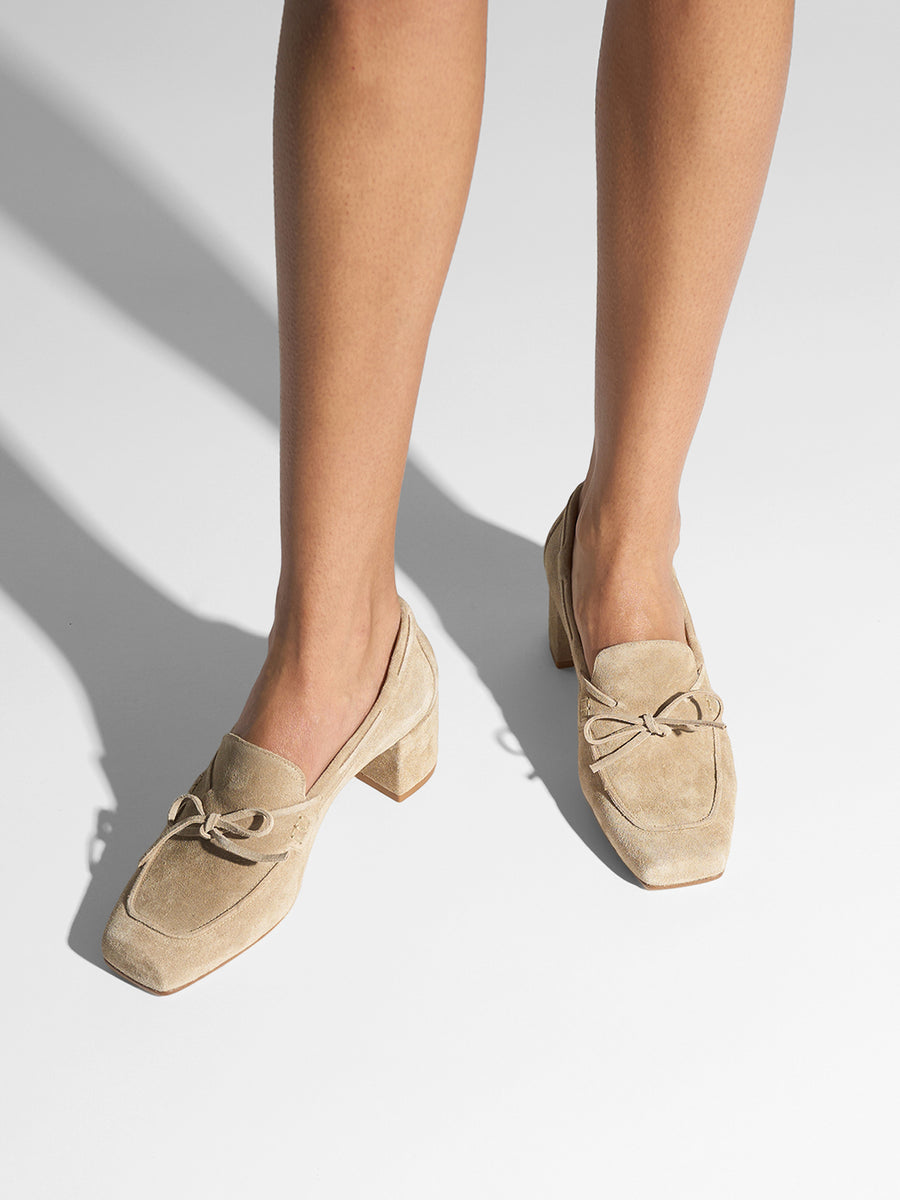 Aeyde | Grenn Leather Pumps for Women | Sand Suede | Square Toe | Low Heel | On Feet