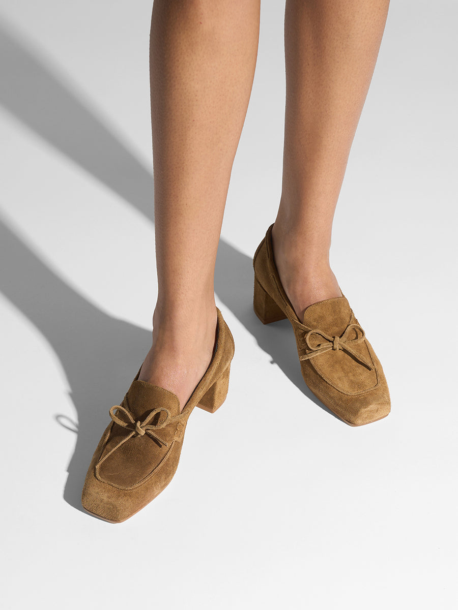 Aeyde | Grenn Leather Pumps for Women | Tobacco Suede | Square Toe | Low Heel | On Feet