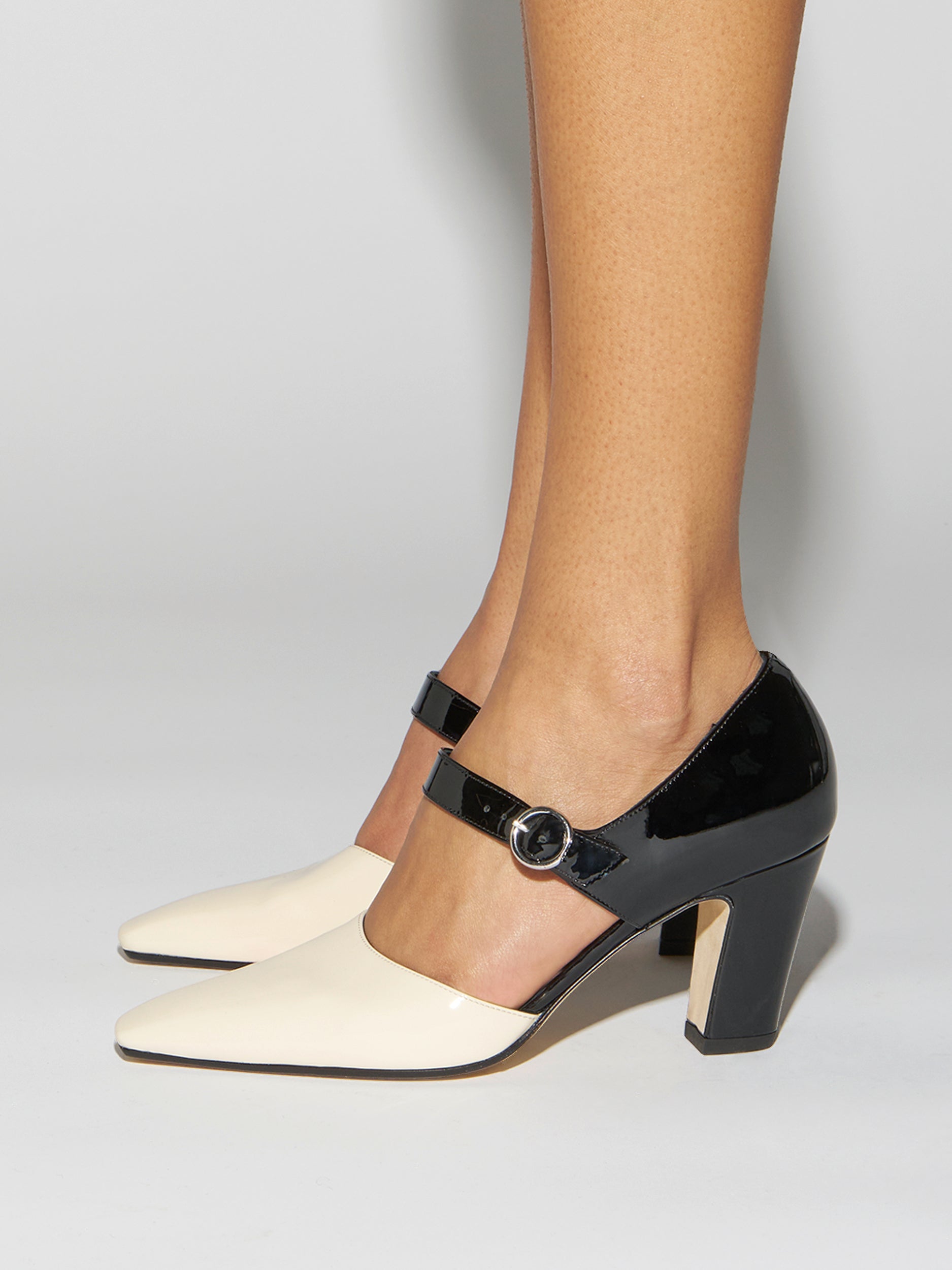 Aeyde | Isidora Leather Pumps for Women | Black/Creamy Patent | Square Toe | High Heel | How to Style