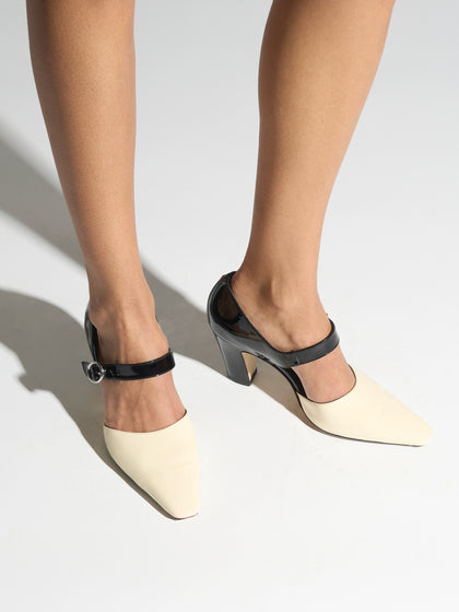 Aeyde | Isidora Leather Pumps for Women | Black/Creamy Patent | Square Toe | High Heel | On Feet