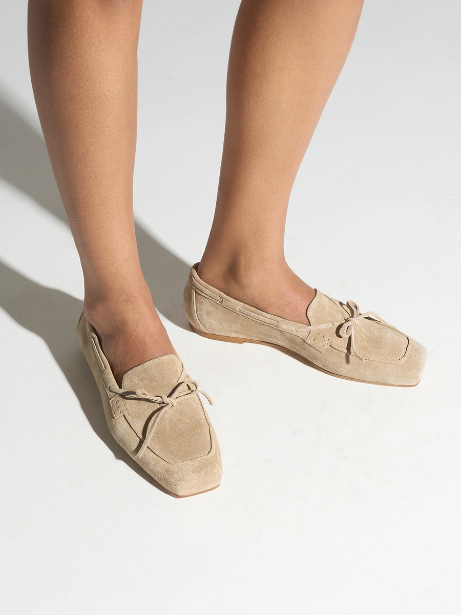 Aeyde | Jasper Leather Flats for Women | Sand Suede | Square Toe | Flat Heel | On Feet
