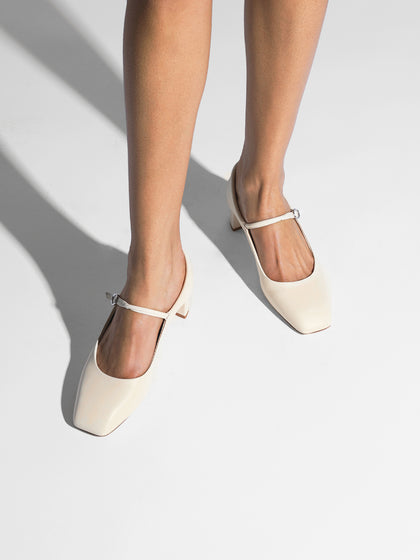 Aeyde | Lina Leather Pumps for Women | Creamy Nappa | Square Toe | Low Heel | On Feet