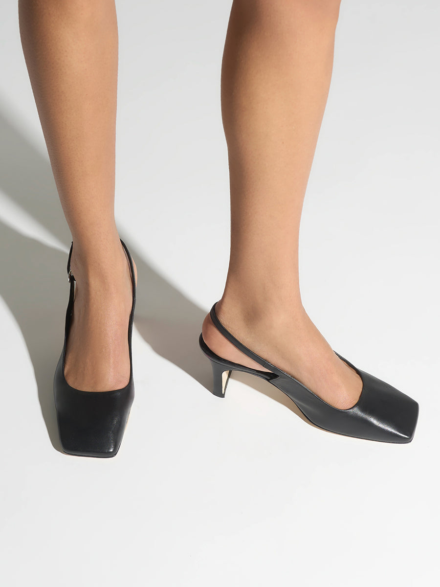 Aeyde | Liza Leather Pumps for Women | Black Nappa | Square Toe | Low Heel | On Feet