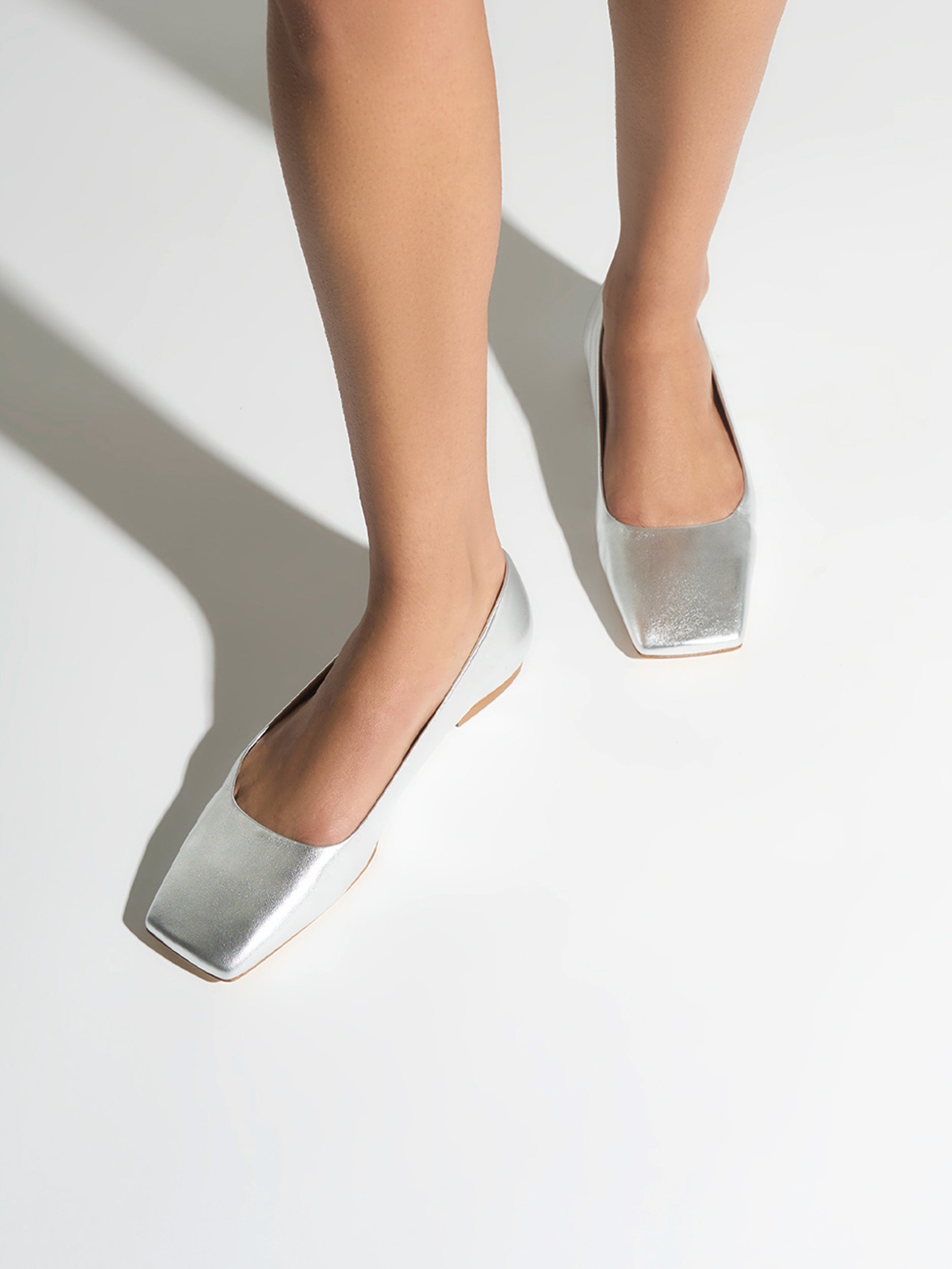Aeyde | Matti Leather Flats for Women | Silver Nappa | Square Toe | Flat Heel | On Feet