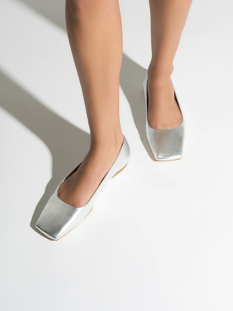 Aeyde | Matti Leather Flats for Women | Silver Nappa | Square Toe | Flat Heel | On Feet