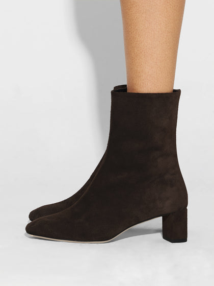 Aeyde | Millie Leather Ankle Boots for Women | Moka Suede | Square Toe | Low Heel | How to Style
