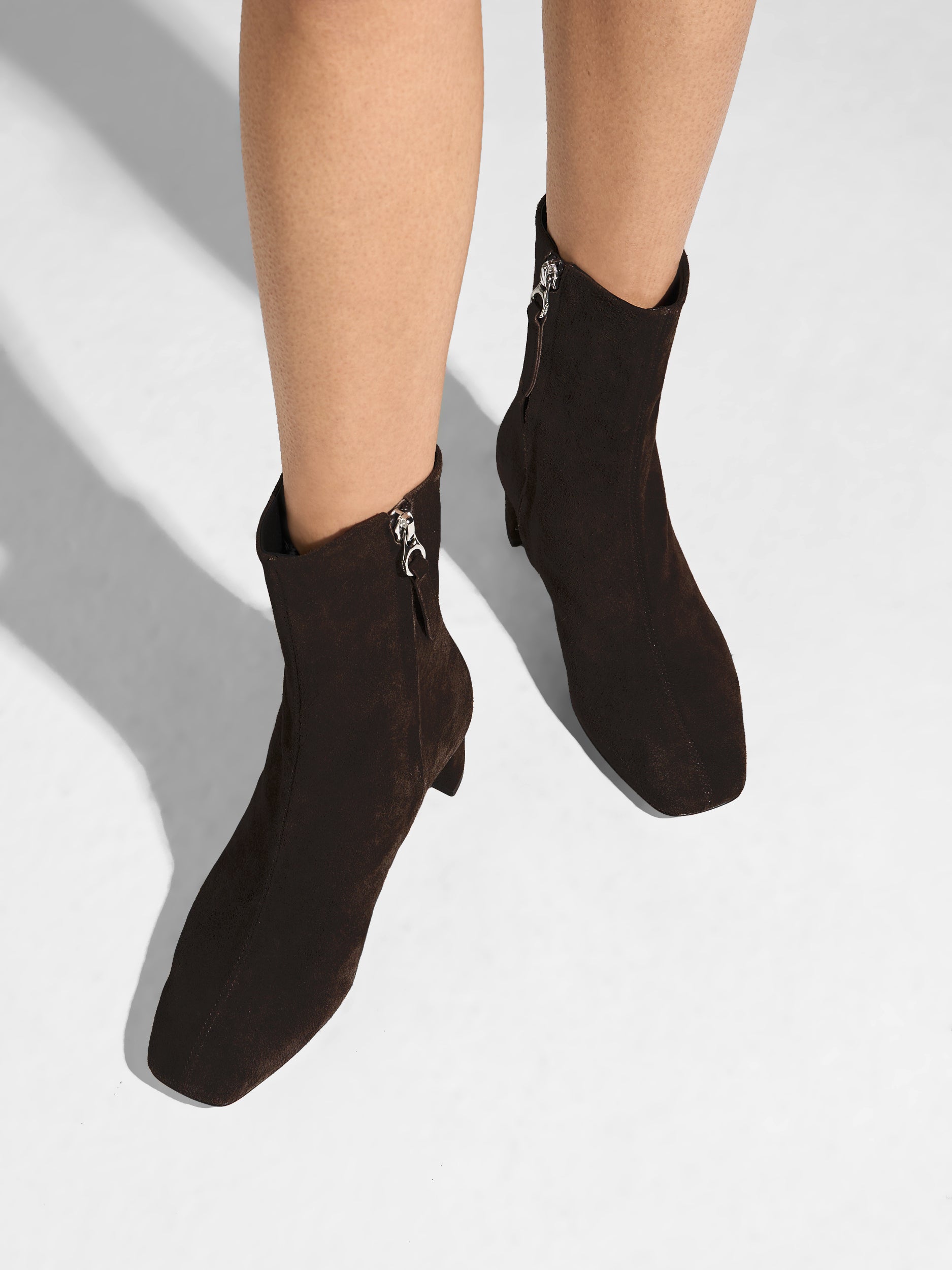 Aeyde | Millie Leather Ankle Boots for Women | Moka Suede | Square Toe | Low Heel | On Feet