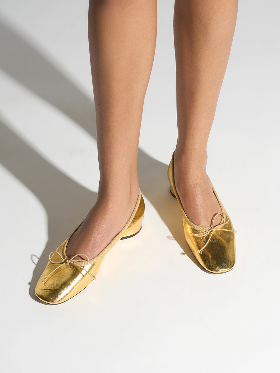 Aeyde | Onda Leather Flats for Women | Gold Crackle | Round Toe | Low Heel | On Feet