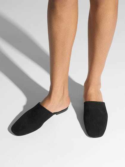 Aeyde | Rega Leather House Slippers for Women | Black Suede | Round Toe | Flat Heel | On Feet